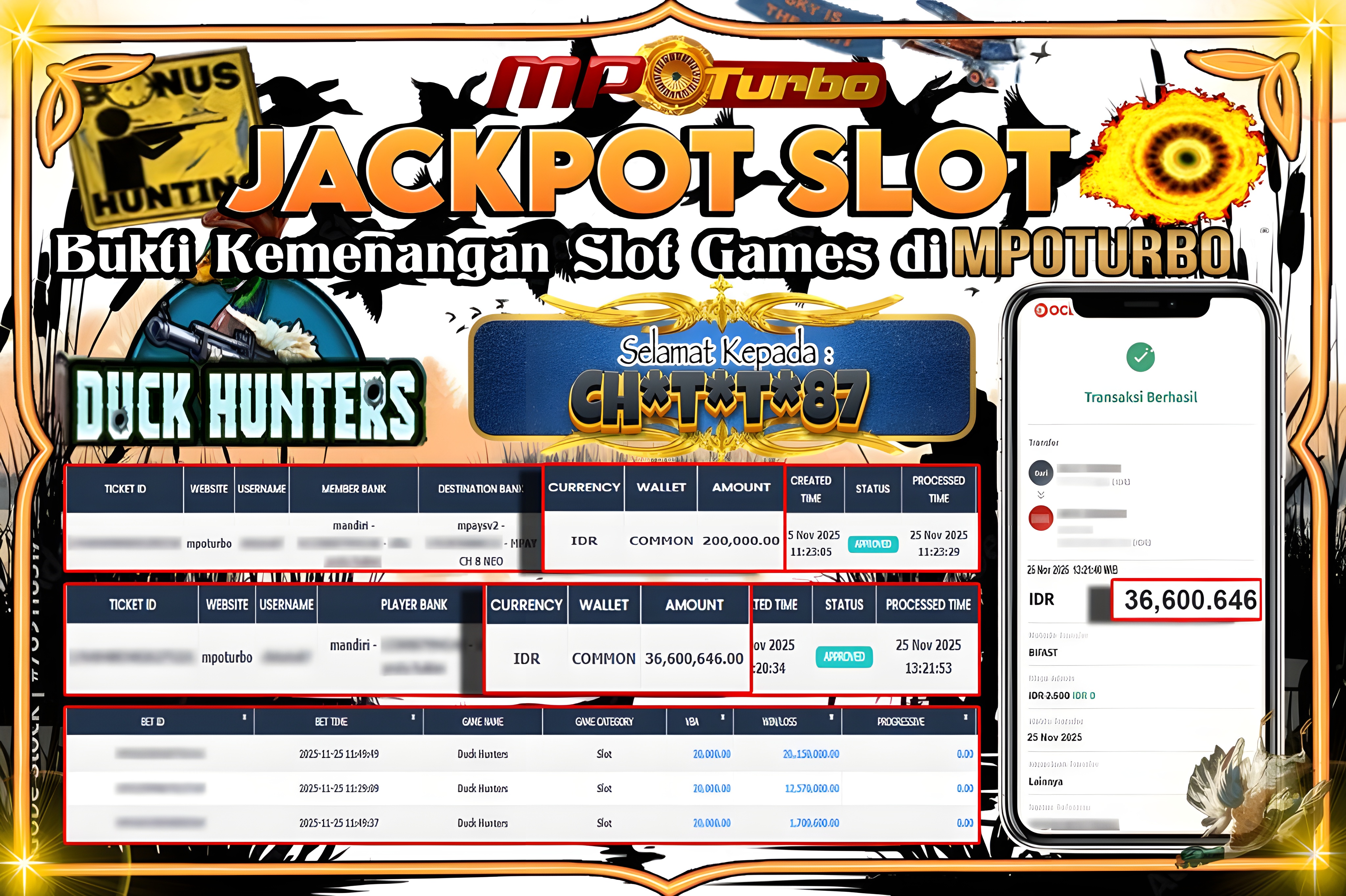MPOTURBO JACKPOT DUCK HUNTERS - NOLIMIT CITY Rp 36,600,646.00,- LUNAS